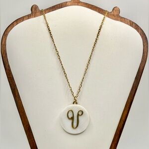 Mother of Pearl Initial V Pendant Necklace Gold Tone Monogram